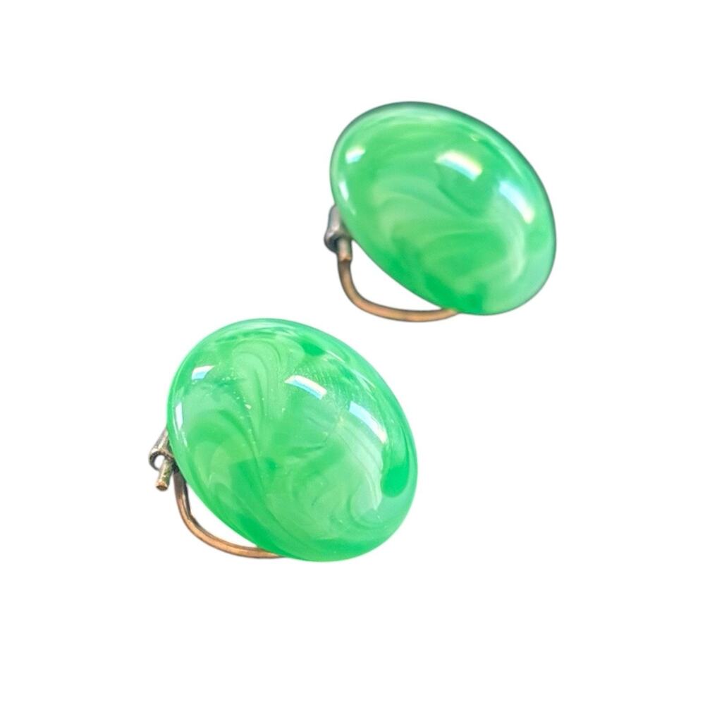 Vintage French Green Swirl Cabochon Art Glass Clip On Earrings Made in France